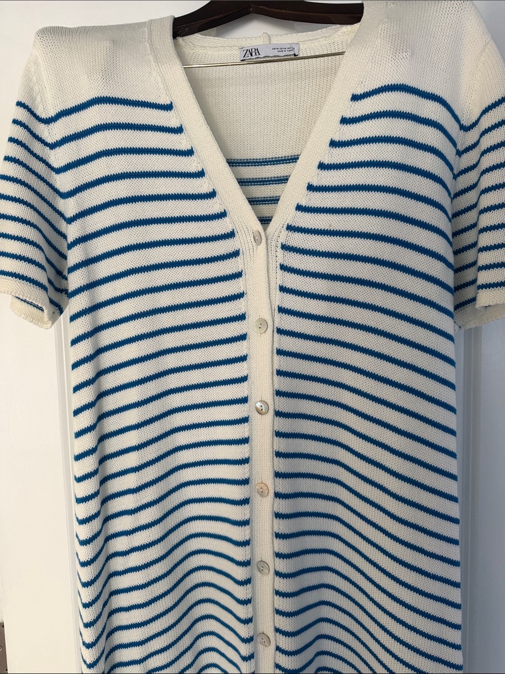Zara Cream & Blue Striped Button-Front Maxi sweater cotton Dress - Picture 3 of 7